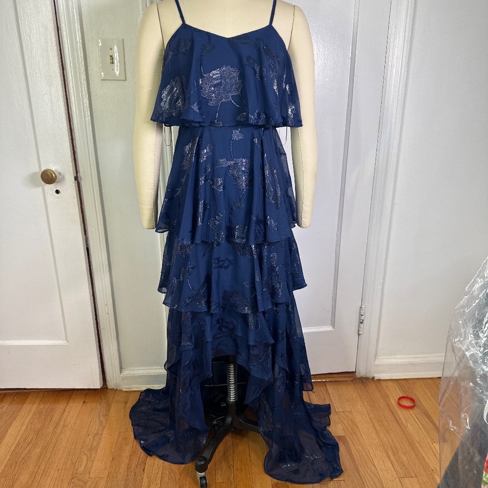 Ocean blue designer high-low sleeveless Silk maxi gown